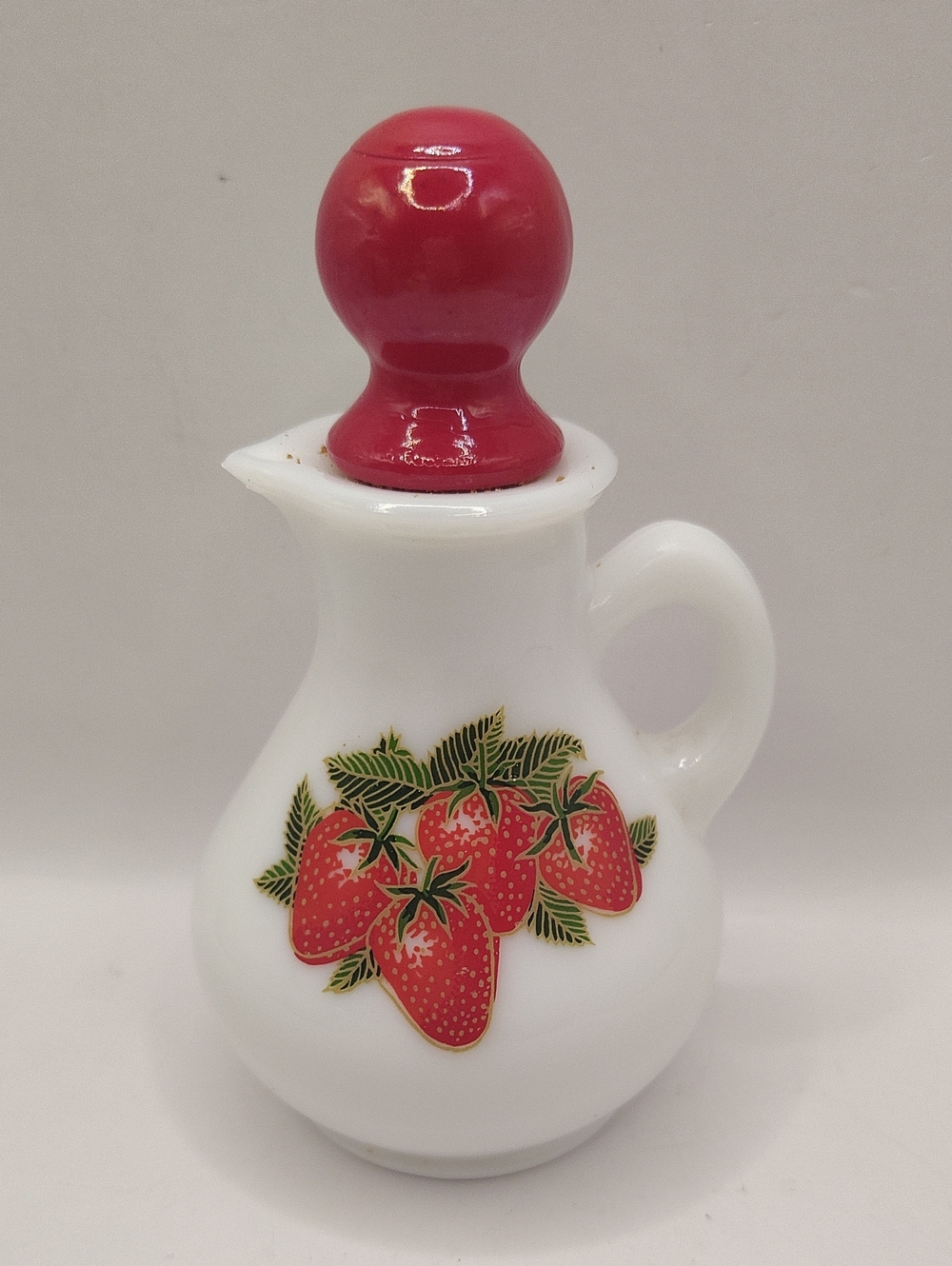 Vintage Avon Milk Glass Strawberry Pitcher with Red Stopper